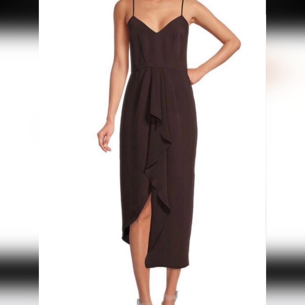 Gianni Bini Sz 12 Asymmetrical Ruffle Spaghettiβ Strap Cocktail Midi Dress Black